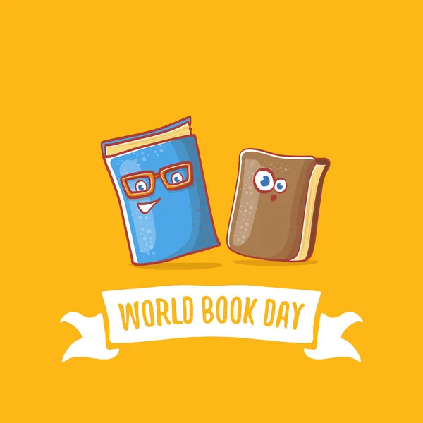 World book day greeting card with cartoon smiling book character isolated on orange background. Vector Book day label or logo