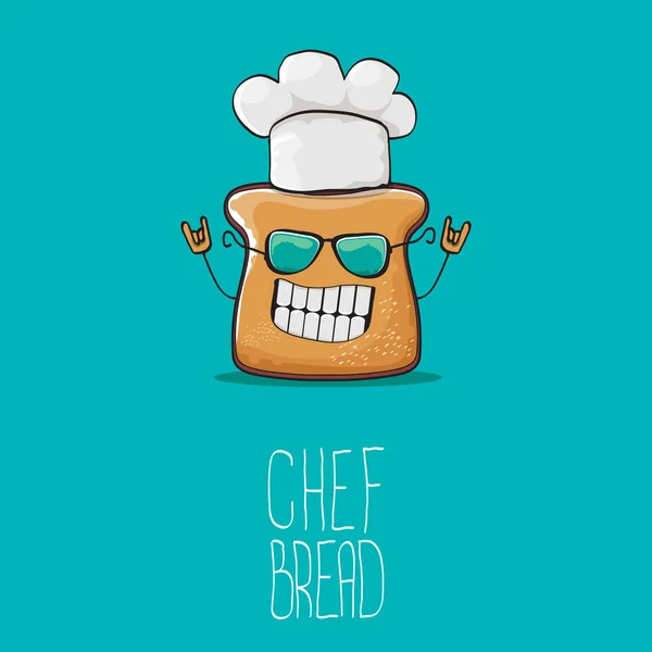 Διανυσματικός χαρακτήρας σεφ του funky κινουμένων σχεδίων χαριτωμένο ψωμί με καπέλο λευκό σεφ που απομονώνονται σε φόντο τιρκουάζ. Το όνομά μου είναι ψωμί έννοια εικονογράφηση. Αρτοποιείο funky λογότυπο ή μασκότ πρότυπο σχεδίασης — Διανυσματικό Αρχείο