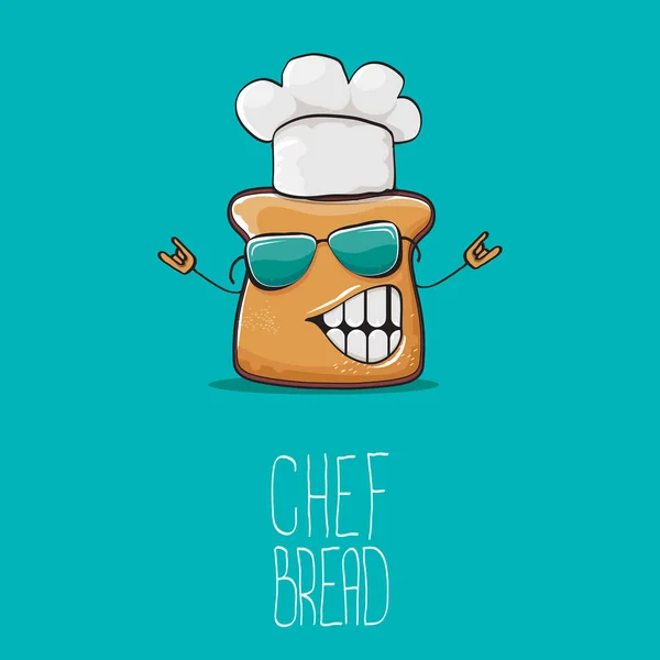 Διανυσματικός χαρακτήρας σεφ του funky κινουμένων σχεδίων χαριτωμένο ψωμί με καπέλο λευκό σεφ που απομονώνονται σε φόντο τιρκουάζ. Το όνομά μου είναι ψωμί έννοια εικονογράφηση. Αρτοποιείο funky λογότυπο ή μασκότ πρότυπο σχεδίασης — Διανυσματικό Αρχείο