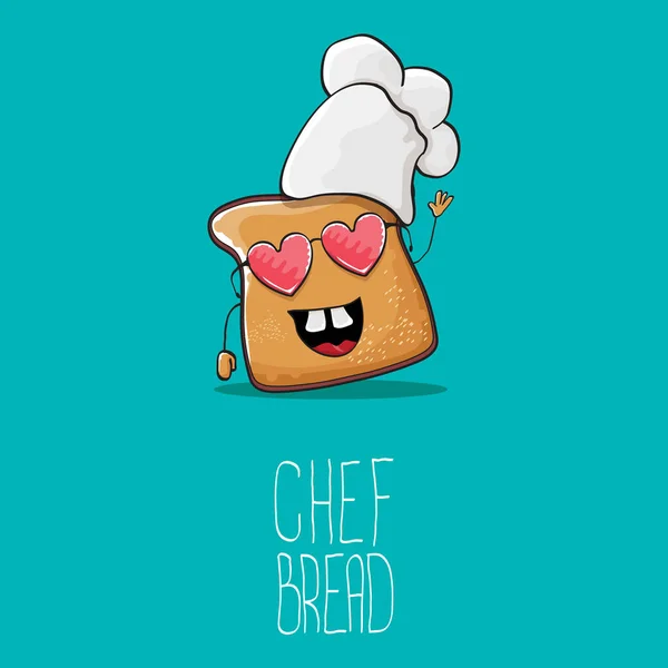 Vettore funky cartone animato carino pane chef personaggio con cappello bianco chef isolato su sfondo turchese. Mi chiamo illustrazione del concetto di pane. Bakery logo funky o modello di disegno della mascotte — Vettoriale Stock