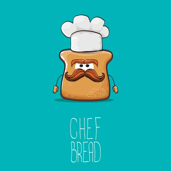 Vector funky schattig brood chef-kok stripfiguur met witte chef-kok hoed geïsoleerd op een turkooizen achtergrond. Mijn naam is brood concept illustratie. Bakkerij funky logo of mascotte ontwerpsjabloon — Stockvector
