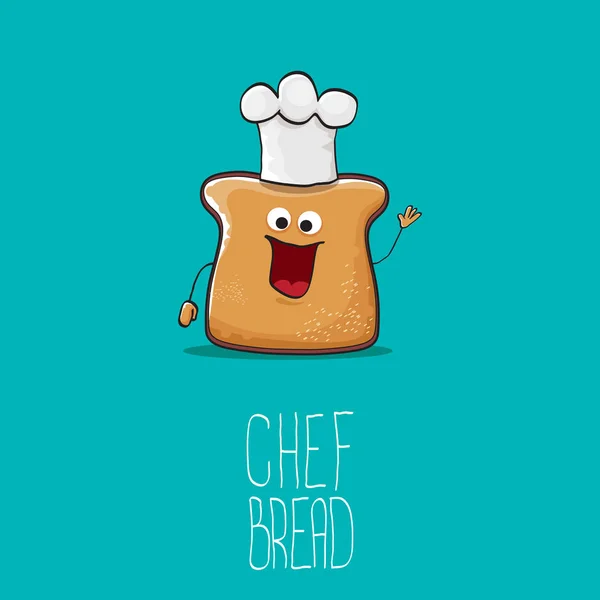 Vettore funky cartone animato carino pane chef personaggio con cappello bianco chef isolato su sfondo turchese. Mi chiamo illustrazione del concetto di pane. Bakery logo funky o modello di disegno della mascotte — Vettoriale Stock