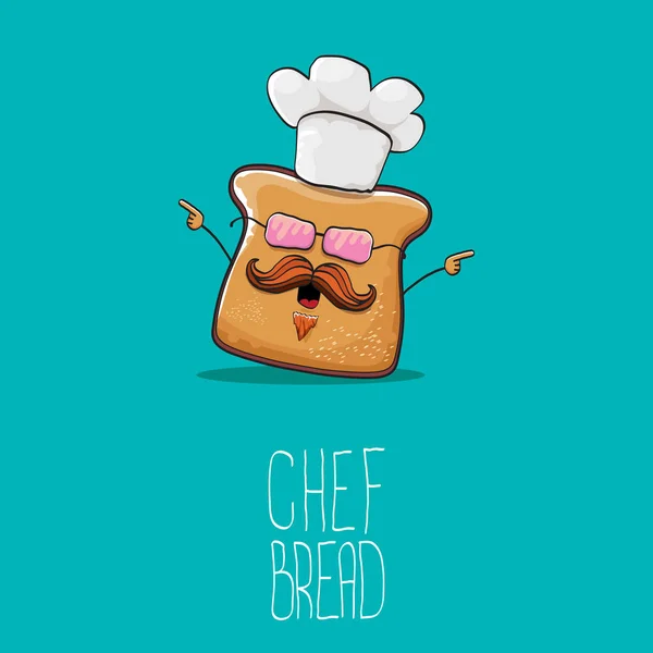 Vector funky schattig brood chef-kok stripfiguur met witte chef-kok hoed geïsoleerd op een turkooizen achtergrond. Mijn naam is brood concept illustratie. Bakkerij funky logo of mascotte ontwerpsjabloon — Stockvector