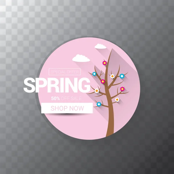 Bannière web de vente de printemps vectorielle isolée sur fond transparent. Abstrait printemps vente étiquette rose ou fond avec de belles fleurs et du texte — Image vectorielle