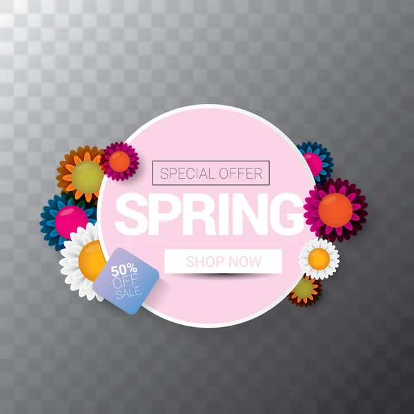 Vektor Spring Sale Web-Banner isoliert auf transparentem Hintergrund. abstrakte Frühlingsverkauf rosa Etikett oder Hintergrund mit schönen Blumen und Text — Stockvektor