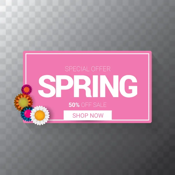 Vector spring sale web banner isolated on transparent background. Abstract spring sale pink label or background with beautiful flowers and text — Stock Vector