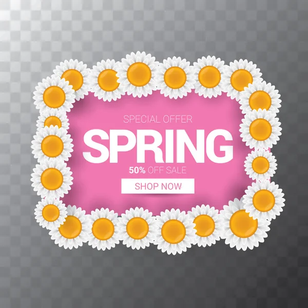 Vector spring sale web banner isolated on transparent background. Abstract spring sale pink label or background with beautiful flowers and text — Stock Vector