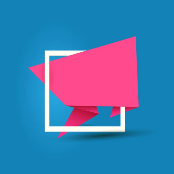 Roze origami tekstballon of banner geïsoleerd op blauwe achtergrond. Vaandel, scroll, prijskaartje, sticker, badge, poster. Vector cover ontwerpsjabloon — Stockvector