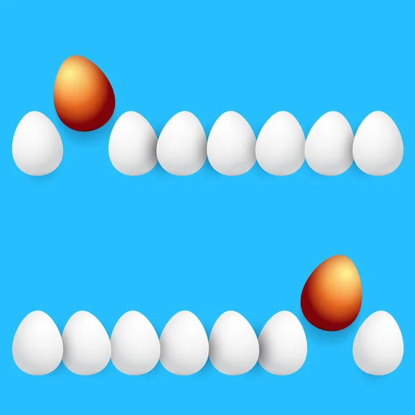 Frohe Ostergrußkarte mit bunten goldenen Eiern und weißen Eiern isoliert auf blauem Hintergrund. Vektor glücklich Ostern kreatives Konzept Illustration — Stockvektor