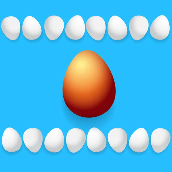 Frohe Ostergrußkarte mit bunten goldenen Eiern und weißen Eiern isoliert auf blauem Hintergrund. Vektor glücklich Ostern kreatives Konzept Illustration — Stockvektor