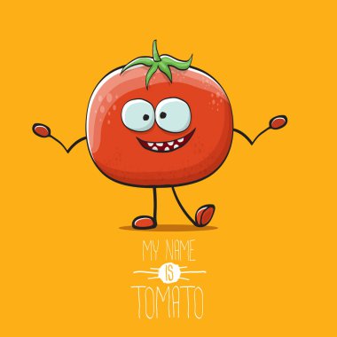 komik karikatür şirin kırmızı domates karakter üzerinde turuncu arka plan izole vektör. Benim adım domates olduğunu. yaz sebze funky karakter