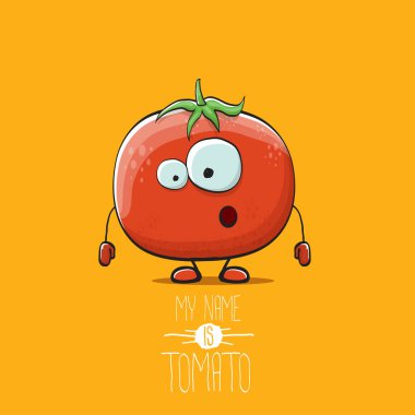komik karikatür şirin kırmızı domates karakter üzerinde turuncu arka plan izole vektör. Benim adım domates olduğunu. yaz sebze funky karakter