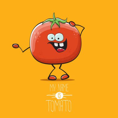 komik karikatür şirin kırmızı domates karakter üzerinde turuncu arka plan izole vektör. Benim adım domates olduğunu. yaz sebze funky karakter