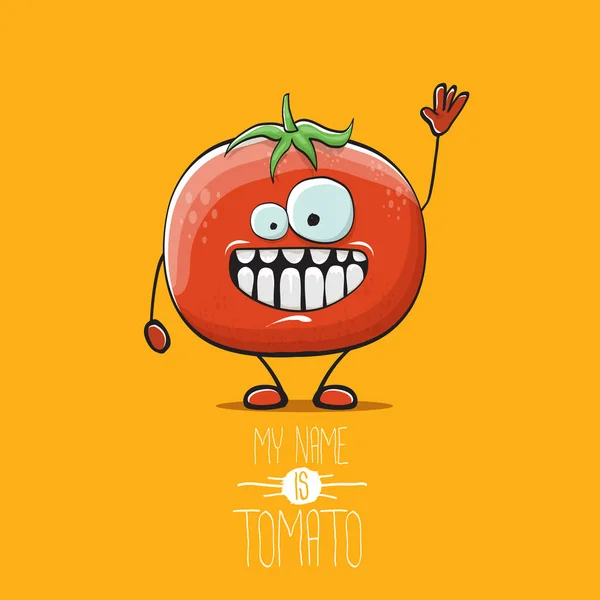재미 있는 만화 귀여운 빨간 토마토 문자 오렌지 배경에 고립 된 벡터. 내 이름은 토마토입니다. 여름 야채 펑키 문자 — 스톡 벡터