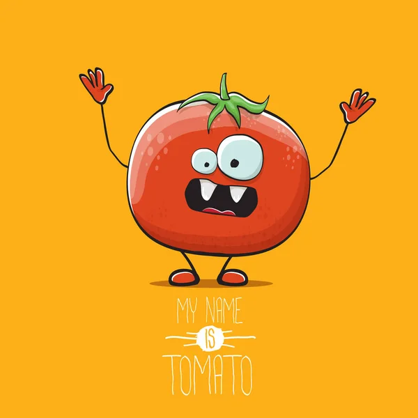 Vetor engraçado desenho animado bonito personagem de tomate vermelho isolado no fundo laranja. Chamo-me Tomate. caráter funky vegetal de verão — Vetor de Stock