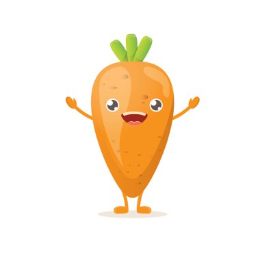 Beyaz arka plan üzerinde minik bebek havuç karakter izole mutlu karikatür. Sağlıklı gıda etiket veya dünya vegan gün kavramı