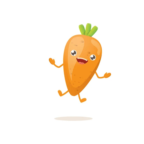 Desenho animado personagem de cenoura pequeno bebê feliz isolado no fundo branco. Rótulo alimentar saudável ou conceito de dia vegan mundo — Vetor de Stock