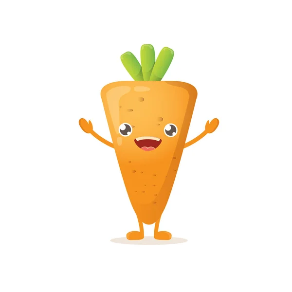 Desenho animado personagem de cenoura pequeno bebê feliz isolado no fundo branco. Rótulo alimentar saudável ou conceito de dia vegan mundo — Vetor de Stock