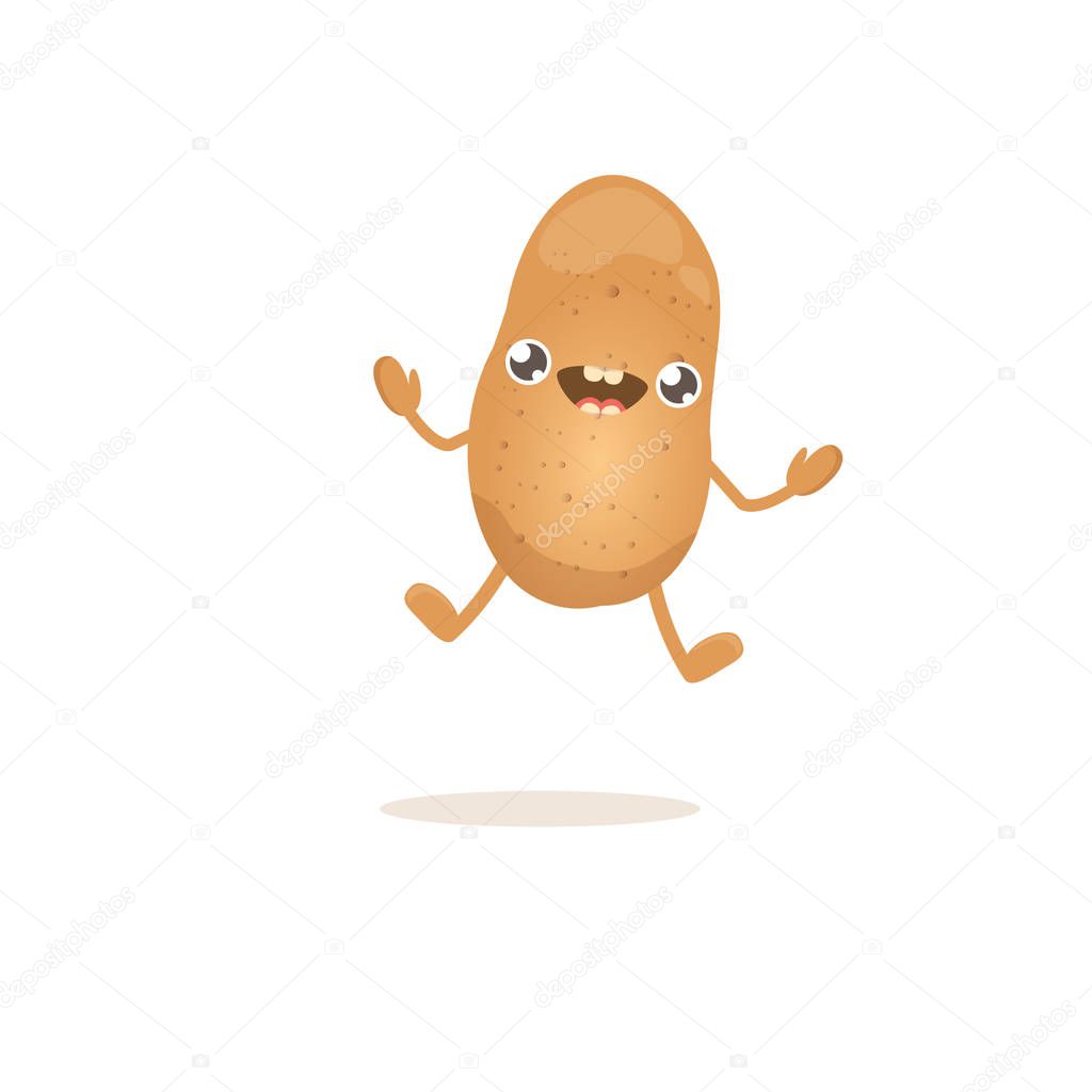 Vector funny cartoon cute brown smiling tiny potato isolated on white background. vegetable funky character