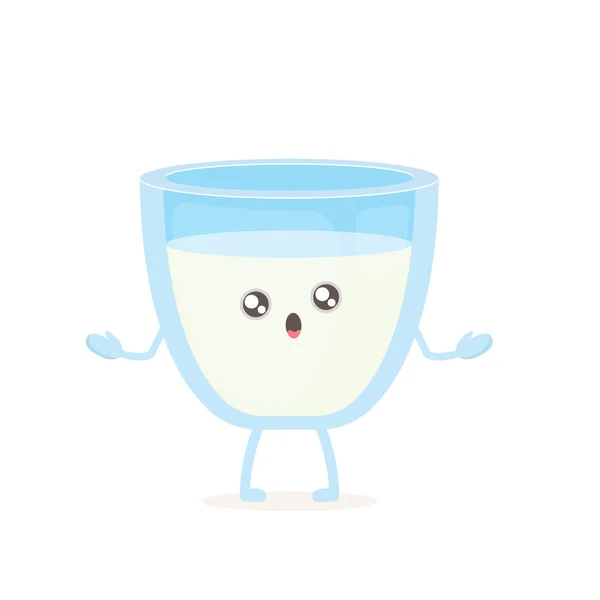 Divertido dibujo animado lindo sonriente personaje de cristal de leche aislado sobre fondo blanco. Comida para niños plana carácter funky — Archivo Imágenes Vectoriales