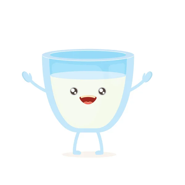 Divertido dibujo animado lindo sonriente personaje de cristal de leche aislado sobre fondo blanco. Comida para niños plana carácter funky — Archivo Imágenes Vectoriales