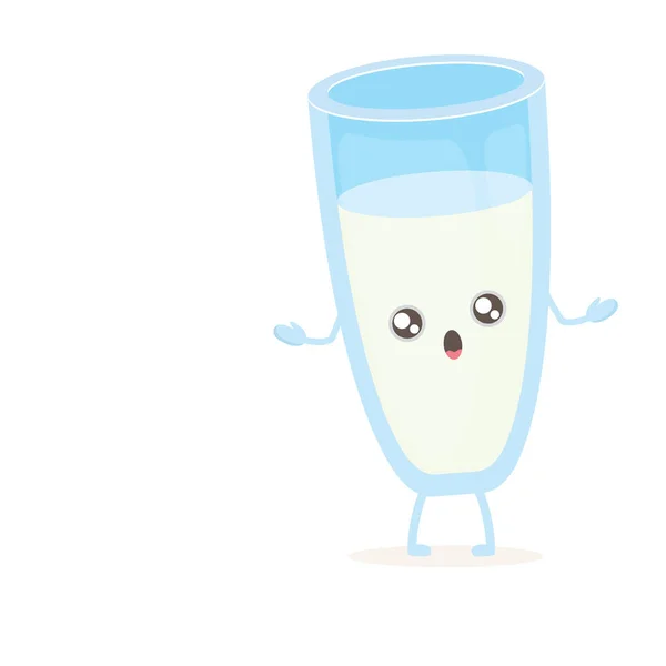 Desenho animado engraçado bonito sorrindo personagem de vidro de leite isolado no fundo branco. Crianças comida plana caráter funky — Vetor de Stock