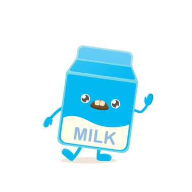 komik karikatür süt karton karakter beyaz arka plan üzerinde izole gülümseyen şirin. Çocuklar yemek düz funky karakter