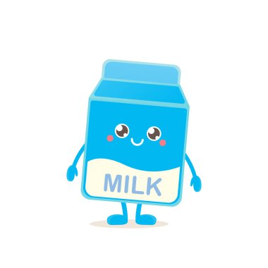 komik karikatür süt karton karakter beyaz arka plan üzerinde izole gülümseyen şirin. Çocuklar yemek düz funky karakter