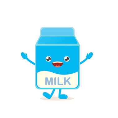 komik karikatür süt karton karakter beyaz arka plan üzerinde izole gülümseyen şirin. Çocuklar yemek düz funky karakter