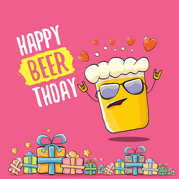 Mutlu Beerthday vektör tebrik kartı veya yazdırın. Mutlu doğum günü partisi kutlama poster funky bira karakteri ve hediyeler — Stok Vektör