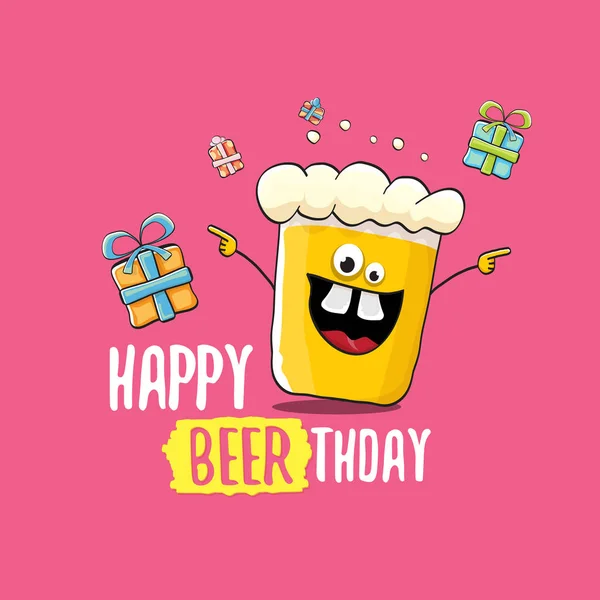 Carte de vœux ou impression vectorielle Happy Beerthday. Joyeux anniversaire fête affiche de célébration avec caractère de bière funky et cadeaux — Image vectorielle