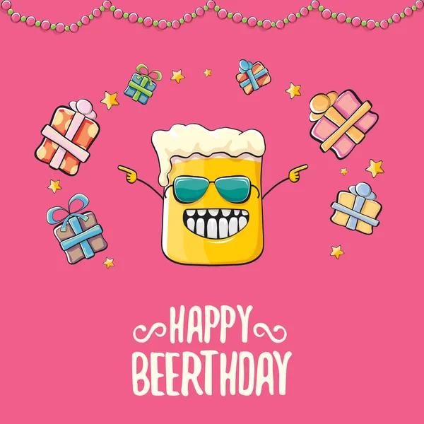 Šťastný Beerthday vektor blahopřání nebo tisk. Všechno nejlepší k narozeninám párty oslava plakát s funky pivo a dary — Stockový vektor