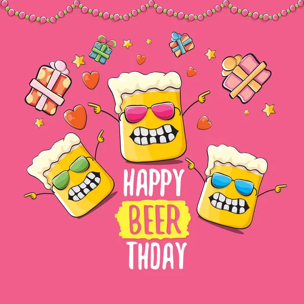 Šťastný Beerthday vektor blahopřání nebo tisk. Všechno nejlepší k narozeninám párty oslava plakát s funky pivo a dary — Stockový vektor