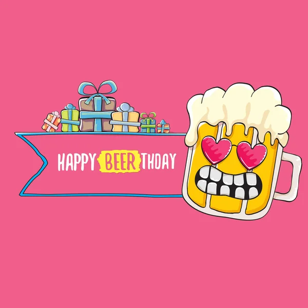 Tarjeta de felicitación del vector Beerthday feliz o imprimir. Cartel de celebración de la fiesta de cumpleaños feliz con carácter de cerveza funky y regalos — Archivo Imágenes Vectoriales