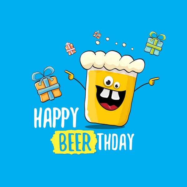 Mutlu Beerthday vektör tebrik kartı veya yazdırın. Mutlu doğum günü partisi kutlama poster funky bira karakteri ve hediyeler — Stok Vektör