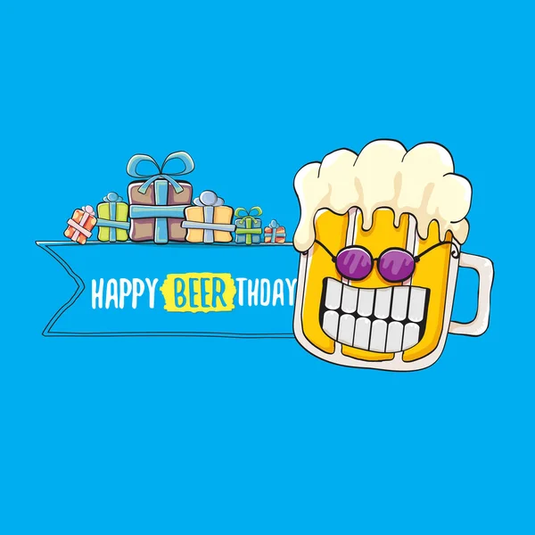 Carte de vœux ou impression vectorielle Happy Beerthday. Joyeux anniversaire fête affiche de célébration avec caractère de bière funky et cadeaux — Image vectorielle