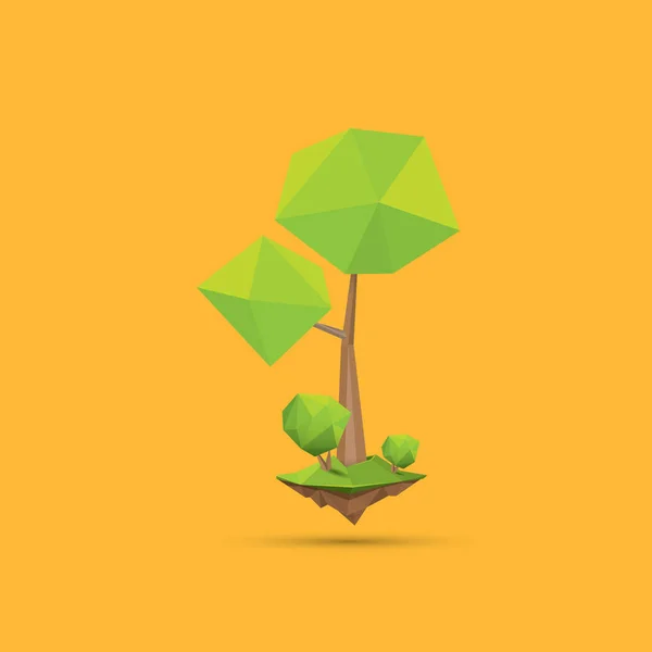 Summer green low poly style tree isolated on orange background. Абстрактный зеленый элемент дизайна деревьев для игр и развлечений — стоковый вектор