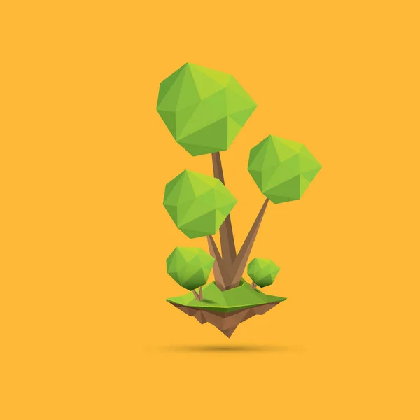 Pohon poly hijau musim panas diisolasi dengan latar belakang oranye. Elemen desain pohon hijau abstrak untuk permainan dan spanduk - Stok Vektor
