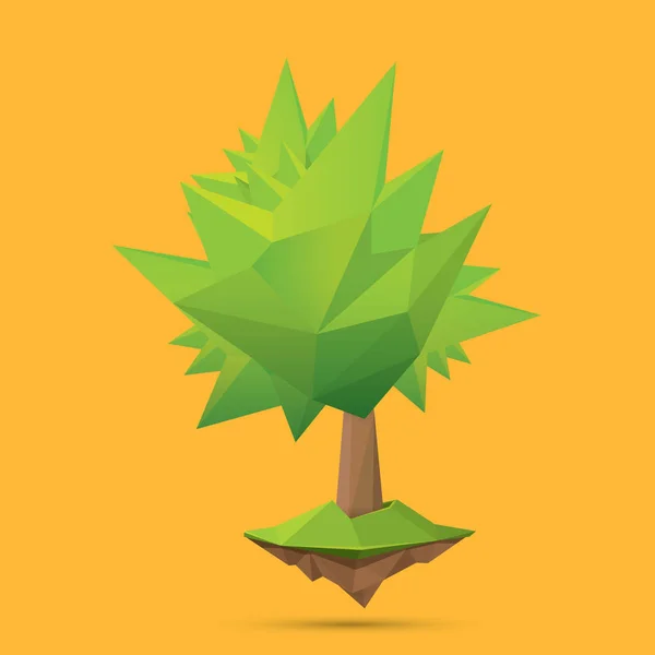 Árbol de verano verde de estilo poli bajo aislado sobre fondo naranja. Elemento de diseño de árbol verde abstracto para juegos y pancartas — Vector de stock