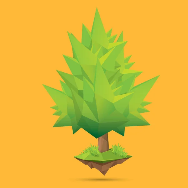 Árbol de verano verde de estilo poli bajo aislado sobre fondo naranja. Elemento de diseño de árbol verde abstracto para juegos y pancartas — Vector de stock