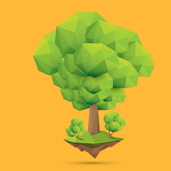 Árbol de verano verde de estilo poli bajo aislado sobre fondo naranja. Elemento de diseño de árbol verde abstracto para juegos y pancartas — Vector de stock