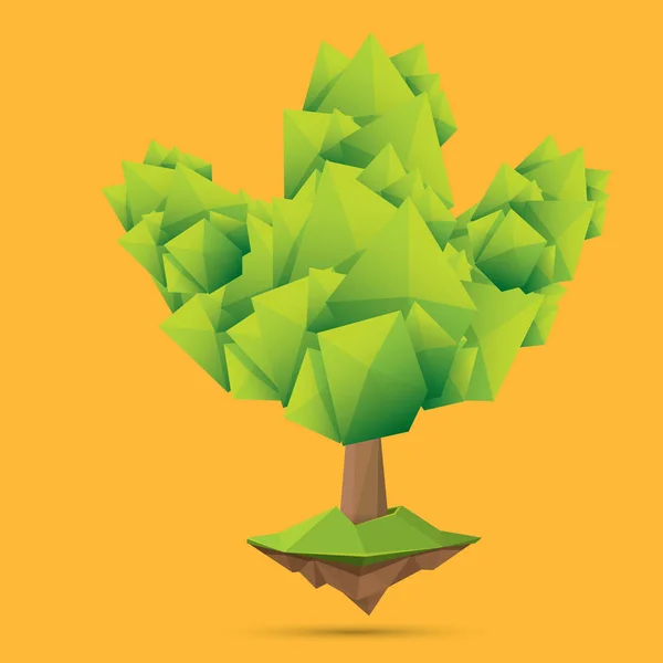 Summer green low poly style tree isolated on orange background. Абстрактный зеленый элемент дизайна деревьев для игр и развлечений — стоковый вектор