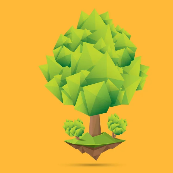 Árbol de verano verde de estilo poli bajo aislado sobre fondo naranja. Elemento de diseño de árbol verde abstracto para juegos y pancartas — Vector de stock