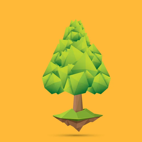 Summer green low poly style tree isolated on orange background. Абстрактный зеленый элемент дизайна деревьев для игр и развлечений — стоковый вектор