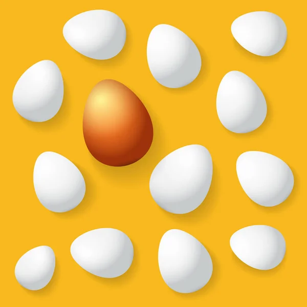 カラフルな黄金の卵と白い卵がオレンジ色の背景に分離された幸せなイースターのグリーティング カード。ベクター幸せなイースター創造的な概念図 — ストックベクタ