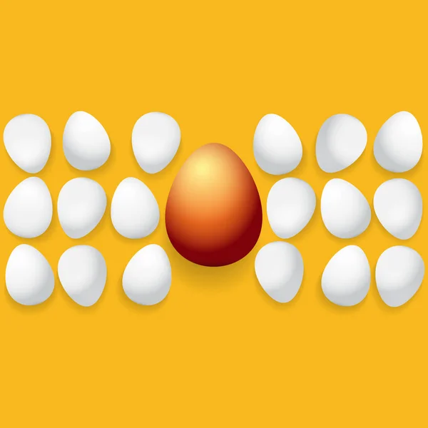 Frohe Ostergrußkarte mit bunten goldenen Eiern und weißen Eiern auf orangefarbenem Hintergrund. Vektor glücklich Ostern kreatives Konzept Illustration — Stockvektor