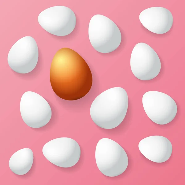 Bonne carte de vœux de Pâques avec œuf doré coloré et œufs blancs isolés sur fond rose. Vector Happy easter illustration de concept créatif — Image vectorielle