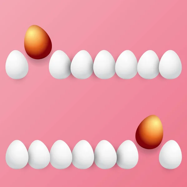 Fröhliche Ostergrußkarte mit bunten goldenen Eiern und weißen Eiern isoliert auf rosa Hintergrund. Vektor glücklich Ostern kreatives Konzept Illustration — Stockvektor