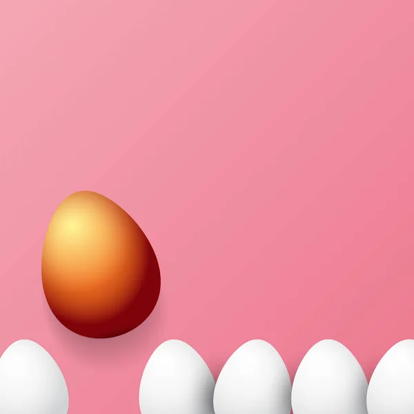 Поздравительная поздравительная открытка с красочным золотым яйцом и белыми яйцами, выделенными на розовом фоне. Вектор Счастливой Пасхи — стоковый вектор