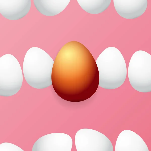 Renkli altın yumurta ve beyaz yumurta, pembe arka plan izole mutlu Paskalya tebrik kartı. Mutlu Paskalya yaratıcı konsept illüstrasyon vektör — Stok Vektör